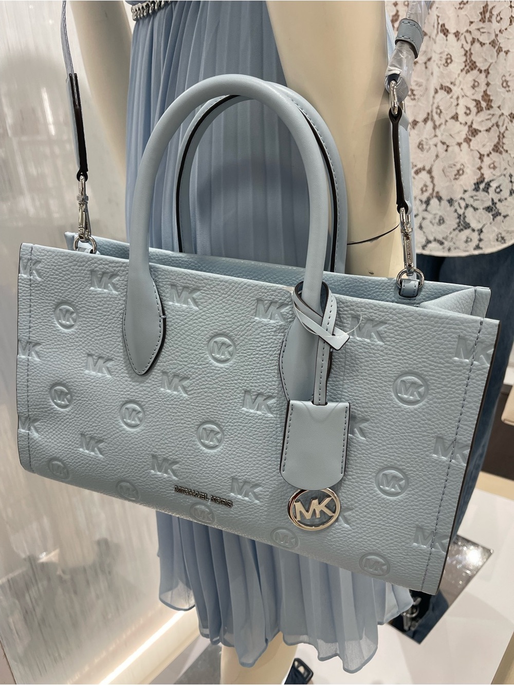 MICHAEL KORS Mirella Medium Logo Debossed Satchel Shoulder Tote 
Pale Ocean NWT